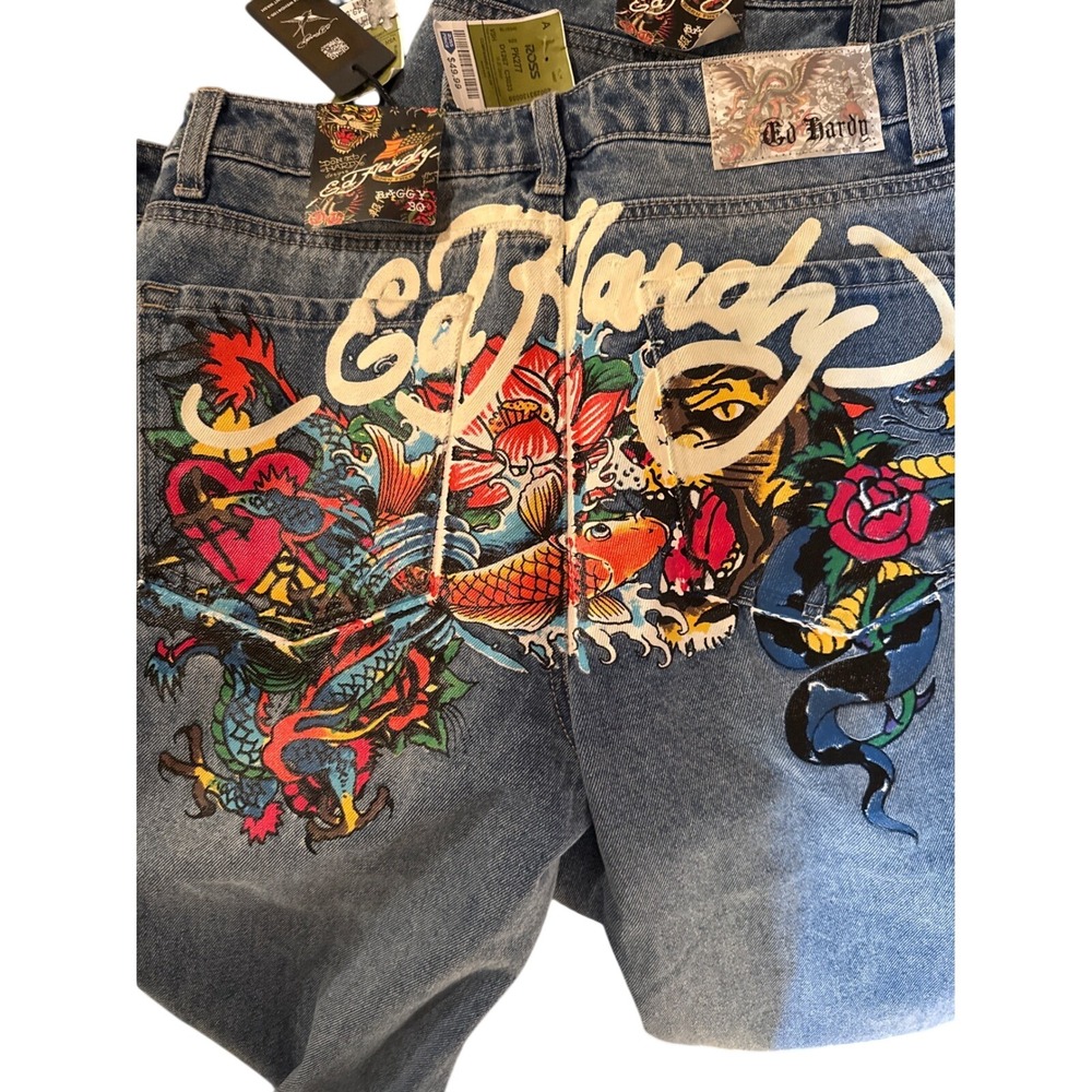 Ed Hardy Baggy Jeans Women's Size 30 Blue Denim DragonTattoo Art Flare blokecore